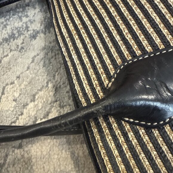 Eric Javits Stripe Black & Beige Straw Leather Tote Handbag - Picture 9 of 12